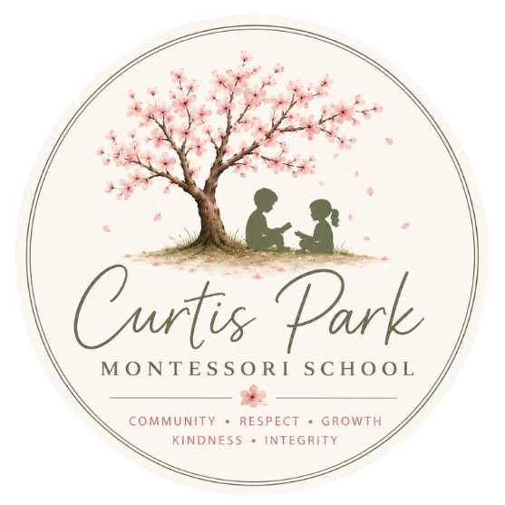 Curtis Park Montessori School logo: two children reading beneath a blossoming cherry tree. Community, respect, growth, kindness, integrity.